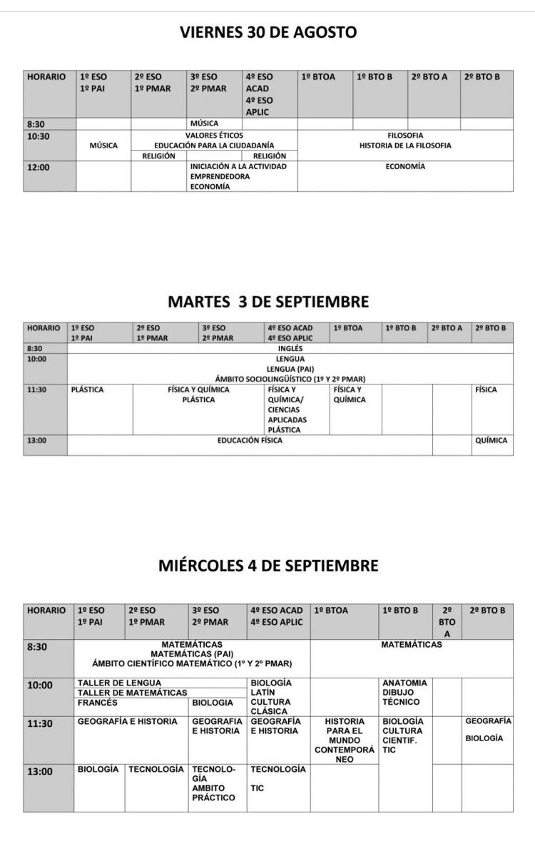 calendario exames septiembre